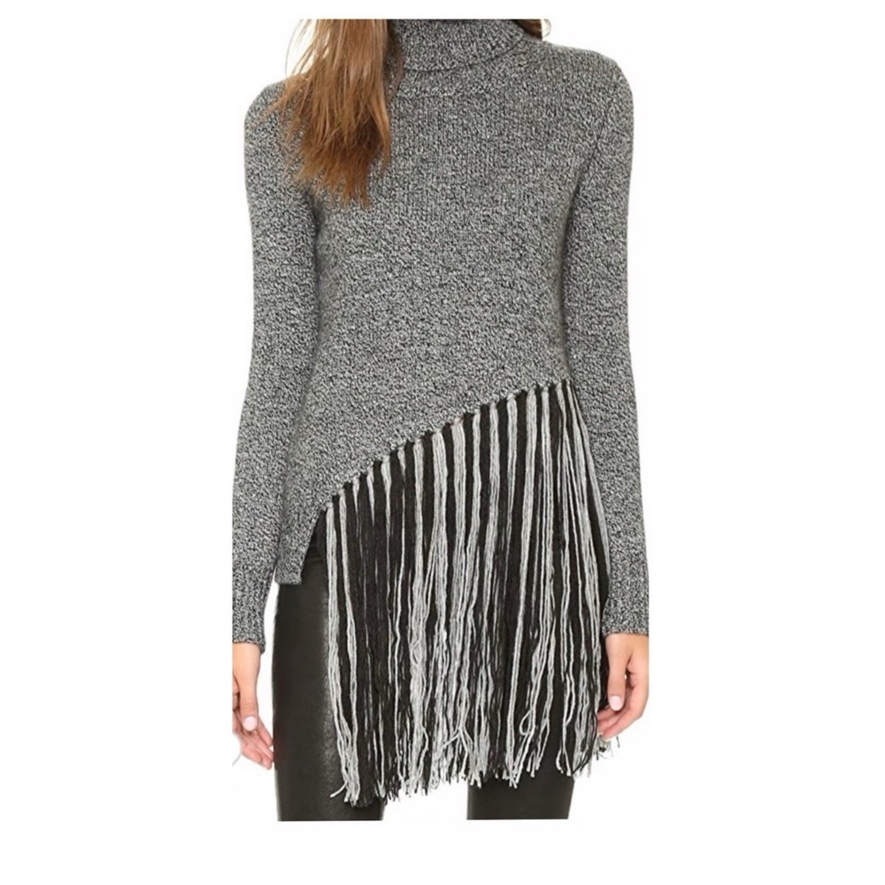 Fala NWT‎ Tory Fringe Knit Gray Cashmere Wool Turtleneck Sweater Small Soft Warm